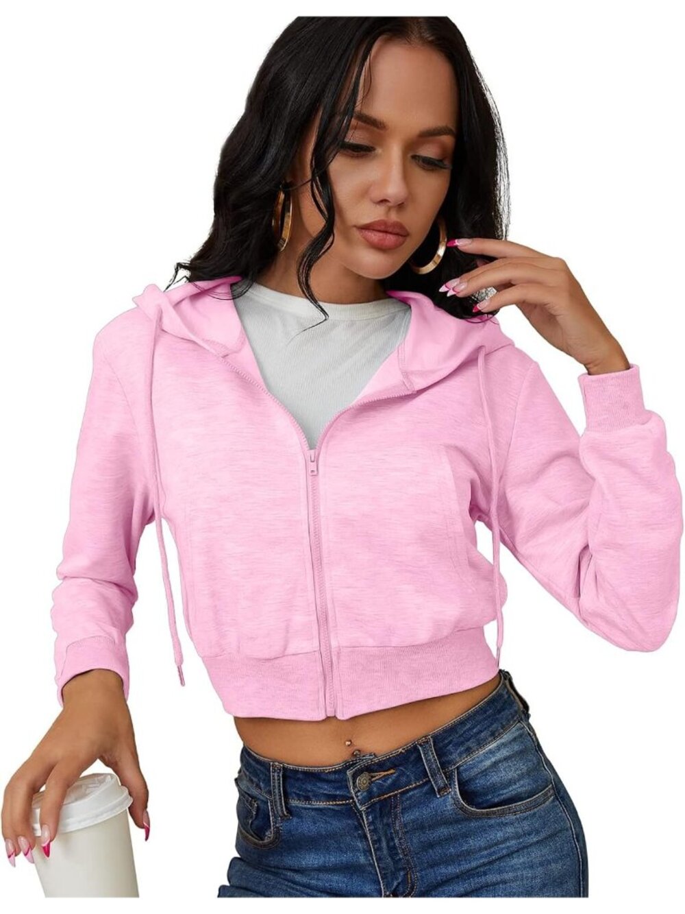 〽️Women's Pink Cropped Zip Hoodie Long Sleeve Hooded Jacket Casual Sweatshirt